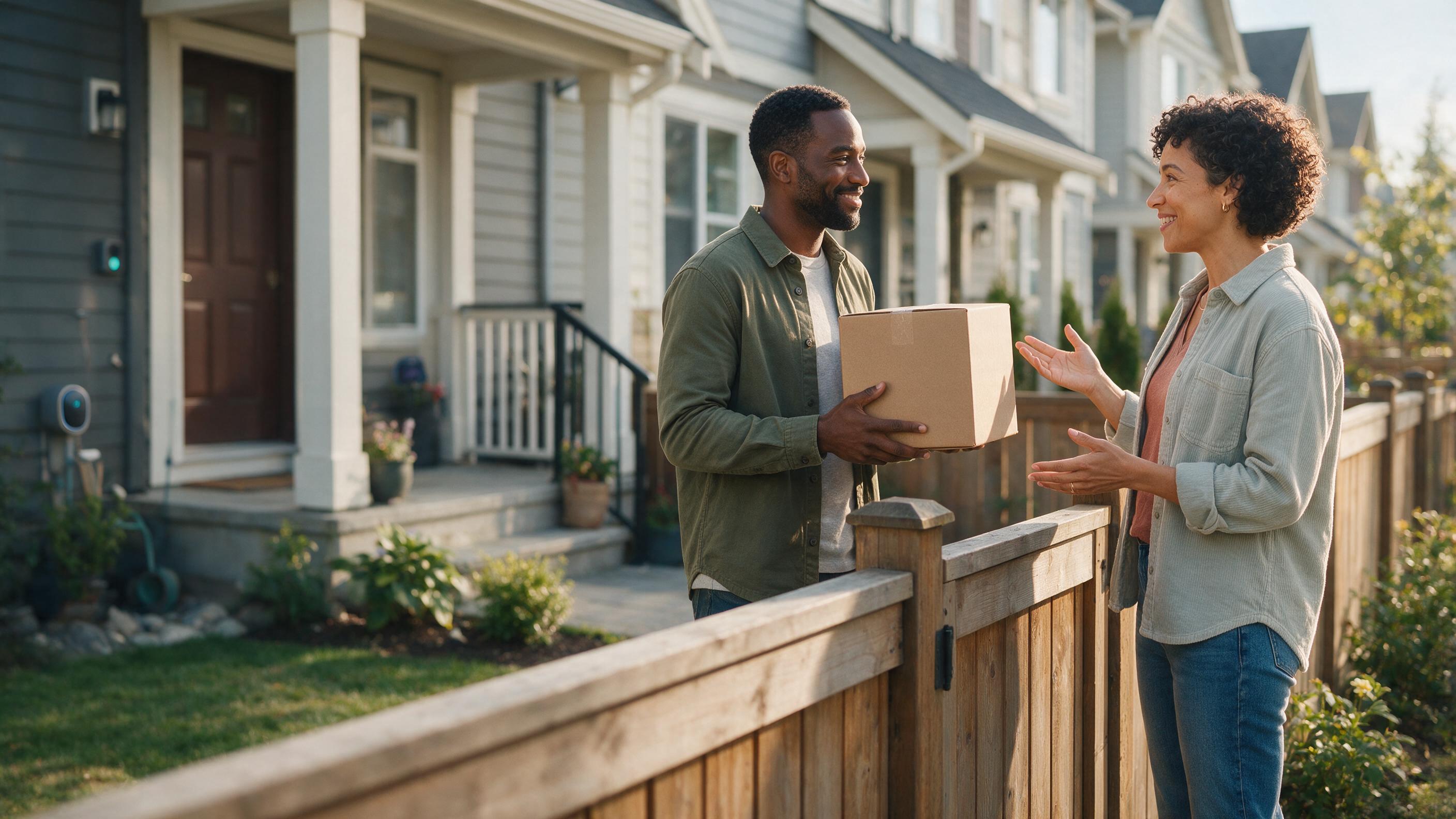 A Porch Partner handing a package to a neighbor over a wooden fence