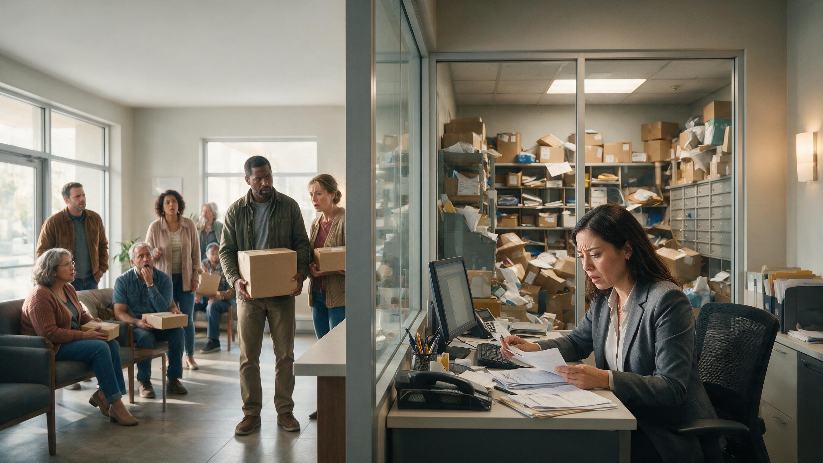 An overwhelmed HOA office: a property manager buried in paperwork while the mailroom behind her overflows with unsorted packages and residents wait with boxes in hand