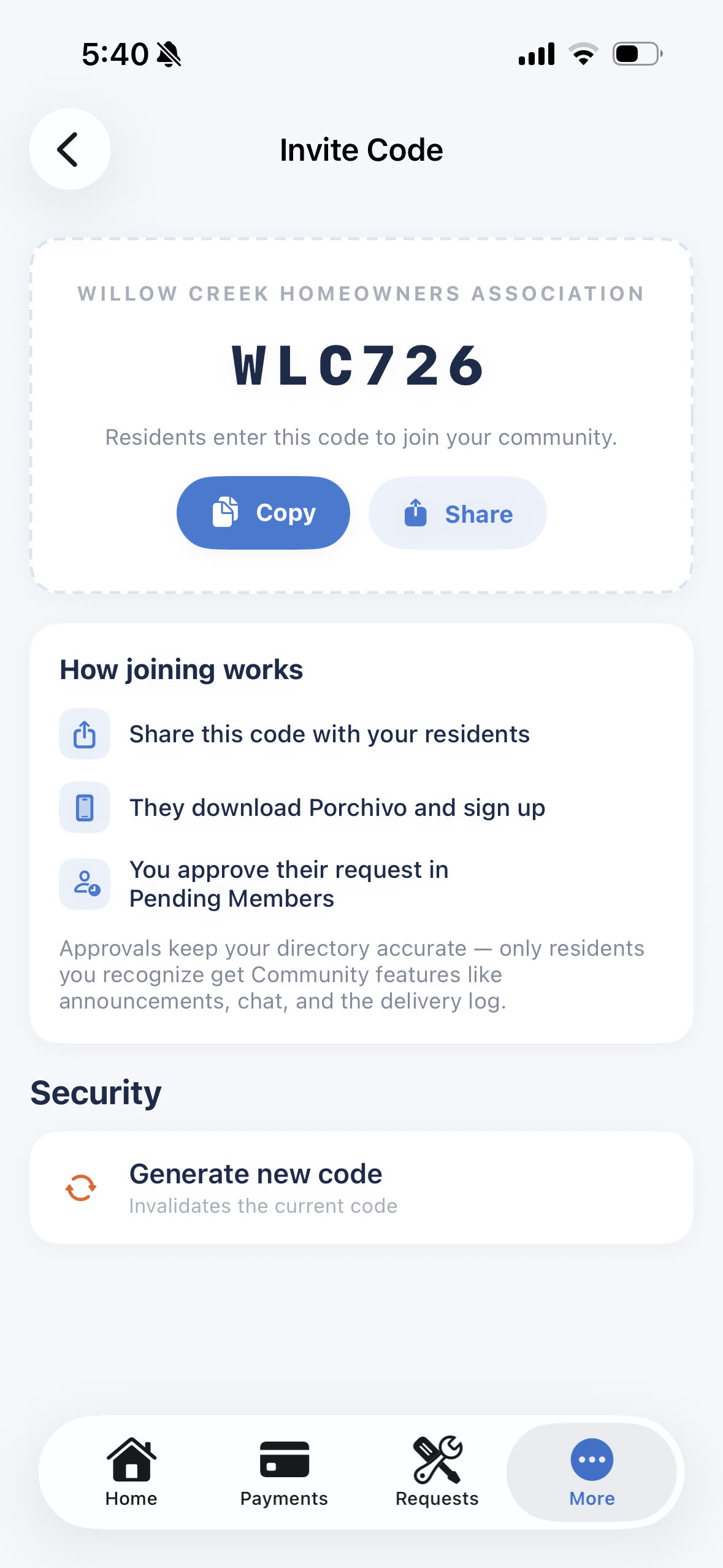 Porchivo app — invite code screen for a registered community