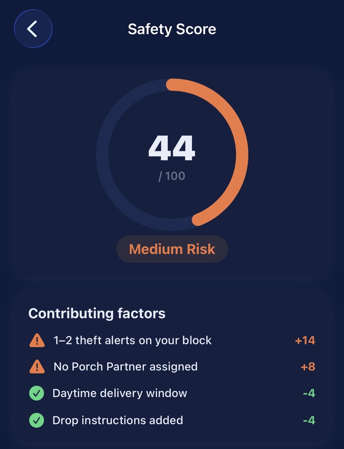 Porchivo app — Safety Score screen with risk gauge and contributing factors